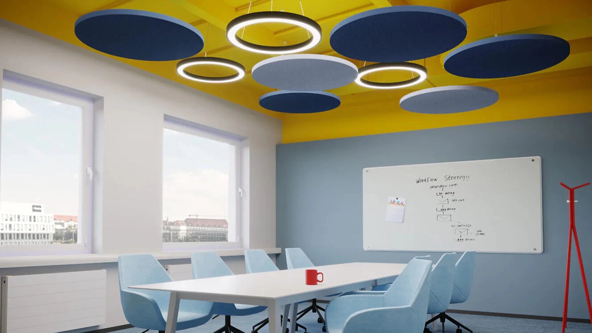 Fluffo AIR Acoustic suspended ceiling panel after in a conference room interior